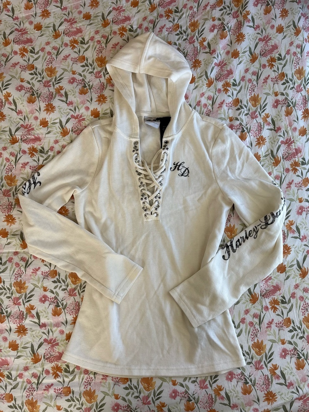 Harley Davidson Women’s Henley Waffle Knit Size Small Long Sleeve Hoodie Studded